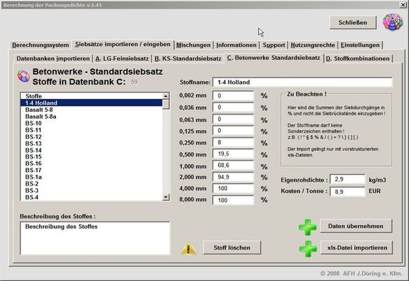 Eingabe Betonwerke - Standardsiebsatz